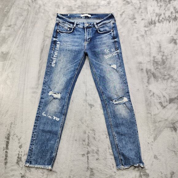 Zara Denim - Zara Trafaluc denimwear Jeans Womens 8 Blue Distressed Graffiti Slim Leg Raw Hem